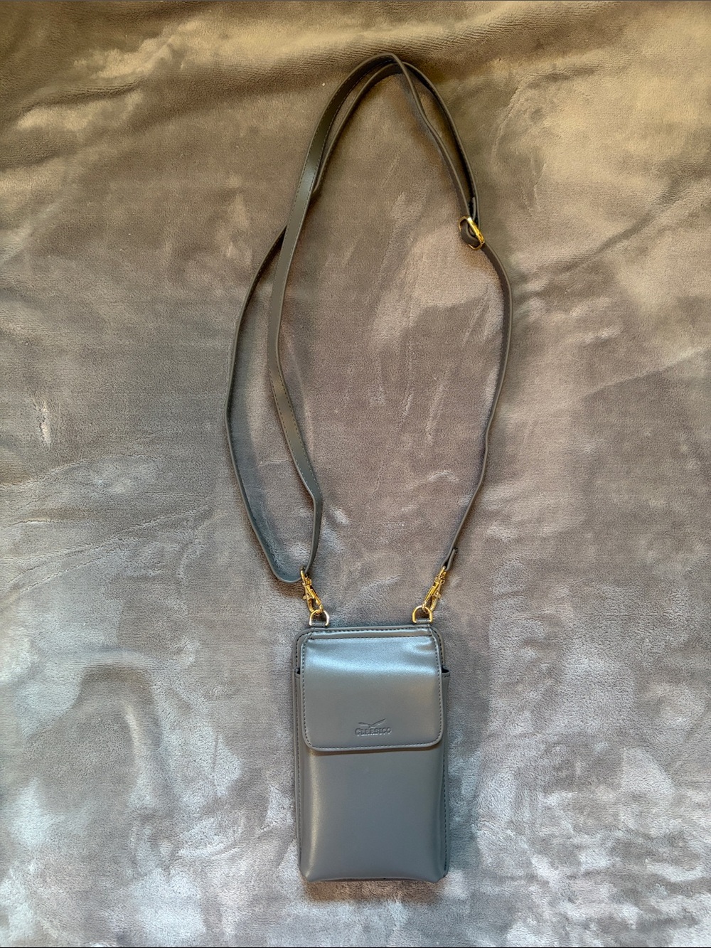 Gray Leather Crossbody Phone Pouch with Gold Hardware